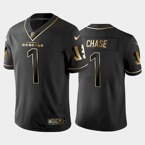 Men's Cincinnati Bengals #1 Ja'Marr Chase Black Golden Edition Stitched Jersey